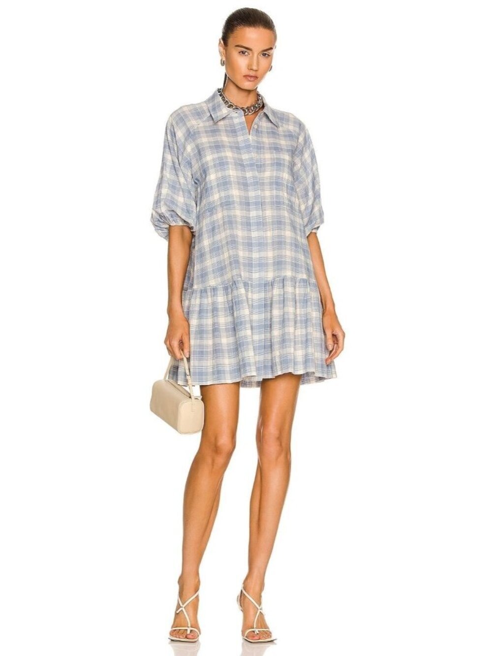 NEW Jonathan Simkhai Size XS  Dress Plaid Button Down Shirt Dress Dune